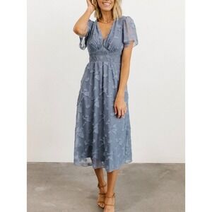 Baltic Born June Midi Dress Dusty Blue Floral Jacquard Smocked V-Neck Small